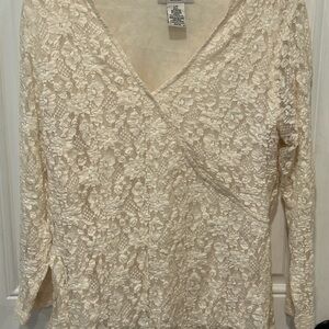 Covington Stretch Cream Lace Long Sleeve v-neck Blouse, Feminine, whimsy, Large